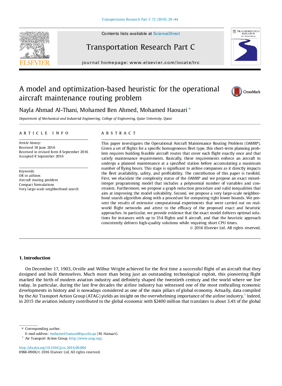 A model and optimization-based heuristic for the operational aircraft maintenance routing problem