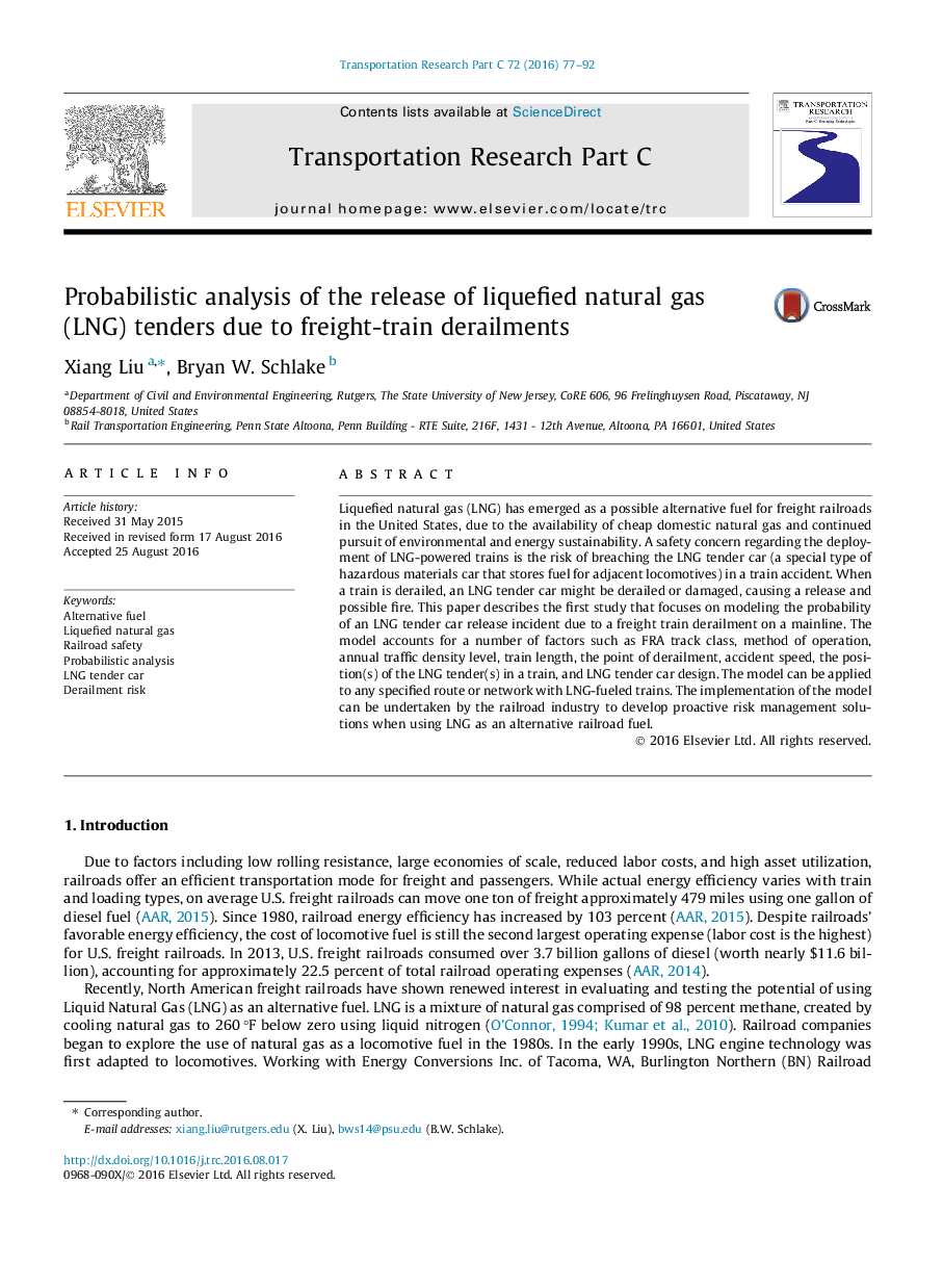 Probabilistic analysis of the release of liquefied natural gas (LNG) tenders due to freight-train derailments