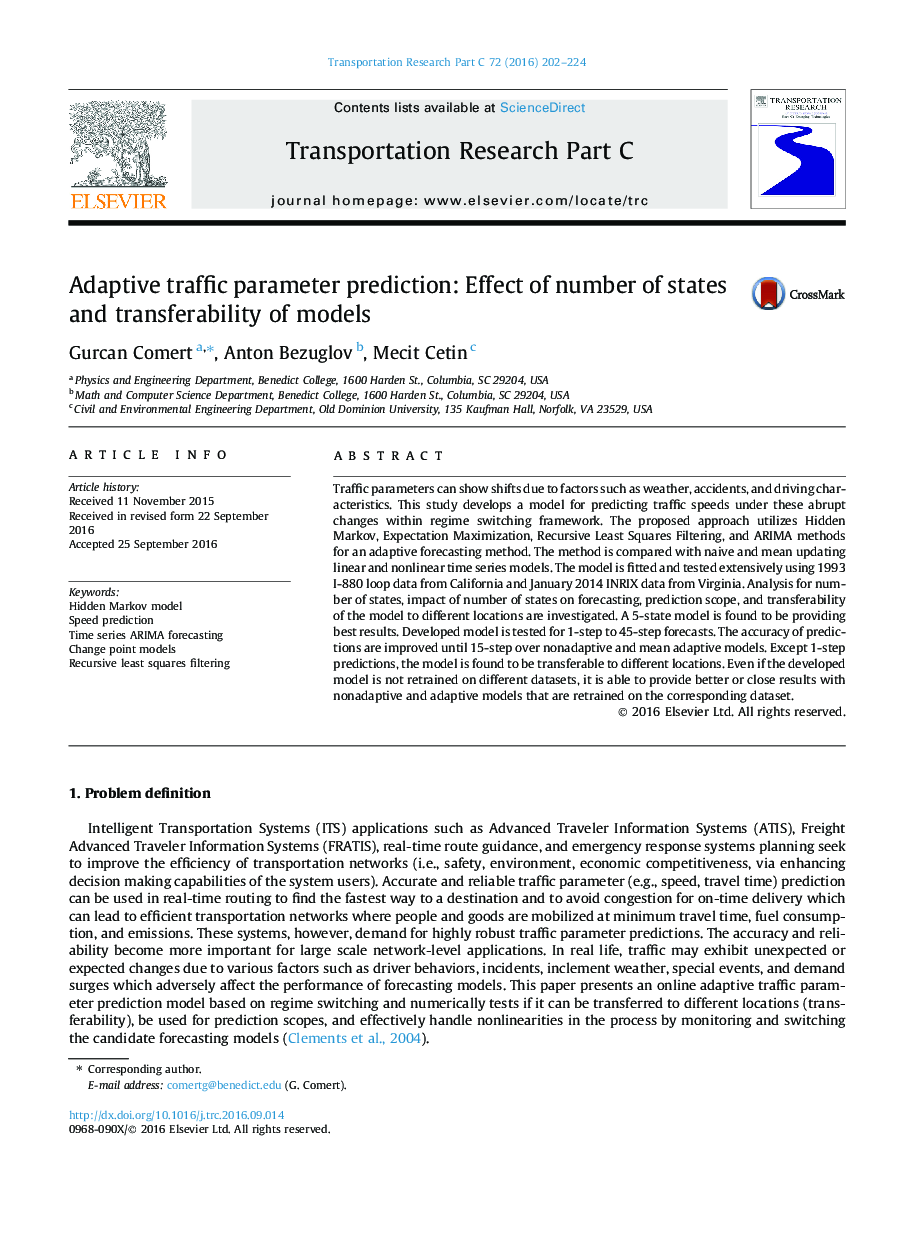 Adaptive traffic parameter prediction: Effect of number of states and transferability of models