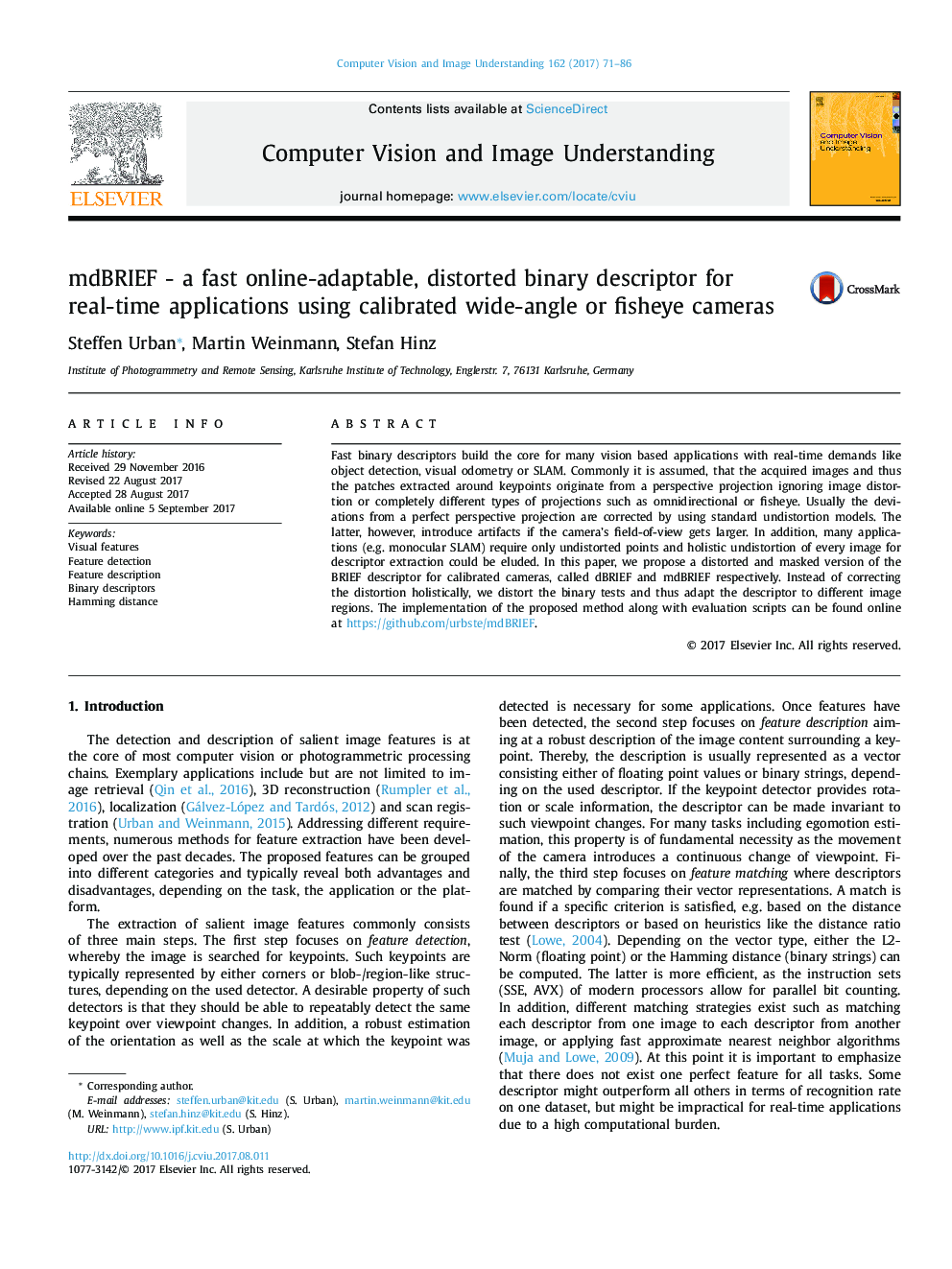 mdBRIEF - a fast online-adaptable, distorted binary descriptor for real-time applications using calibrated wide-angle or fisheye cameras