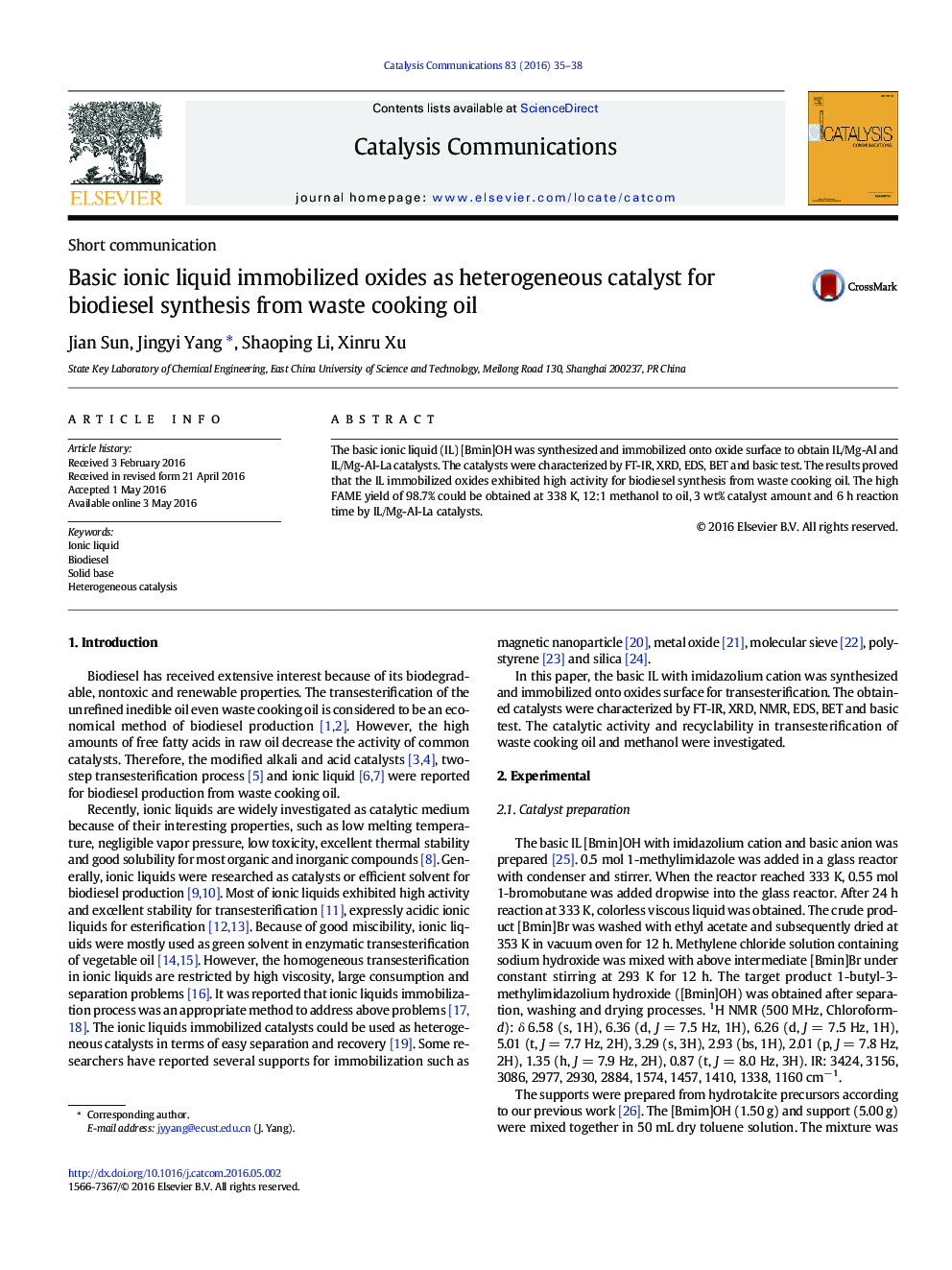 Basic ionic liquid immobilized oxides as heterogeneous catalyst for biodiesel synthesis from waste cooking oil