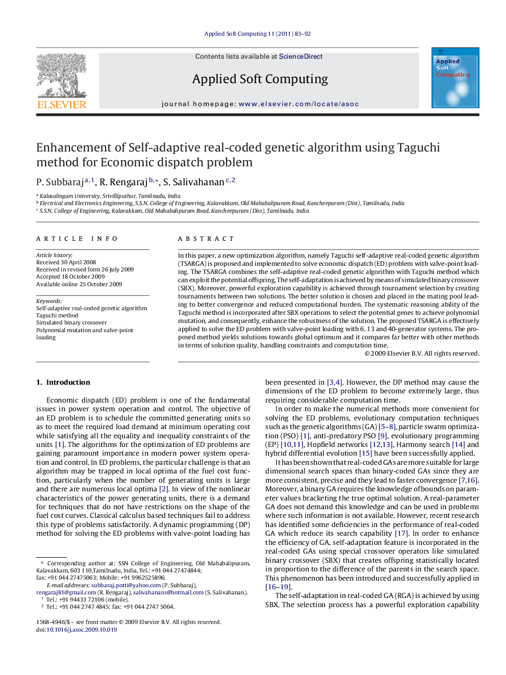 Enhancement of Self-adaptive real-coded genetic algorithm using Taguchi method for Economic dispatch problem