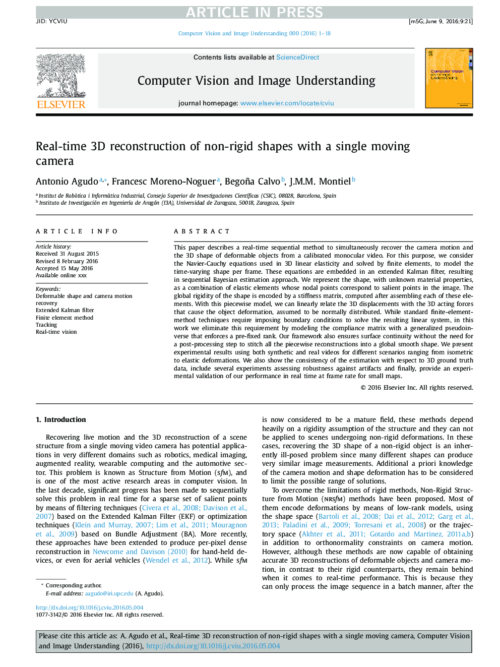 Real-time 3D reconstruction of non-rigid shapes with a single moving camera