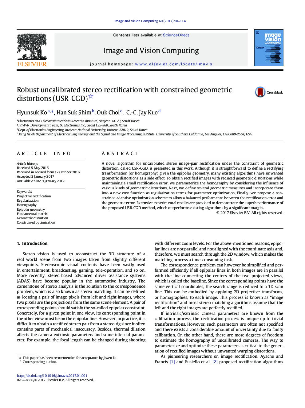 Robust uncalibrated stereo rectification with constrained geometric distortions (USR-CGD)