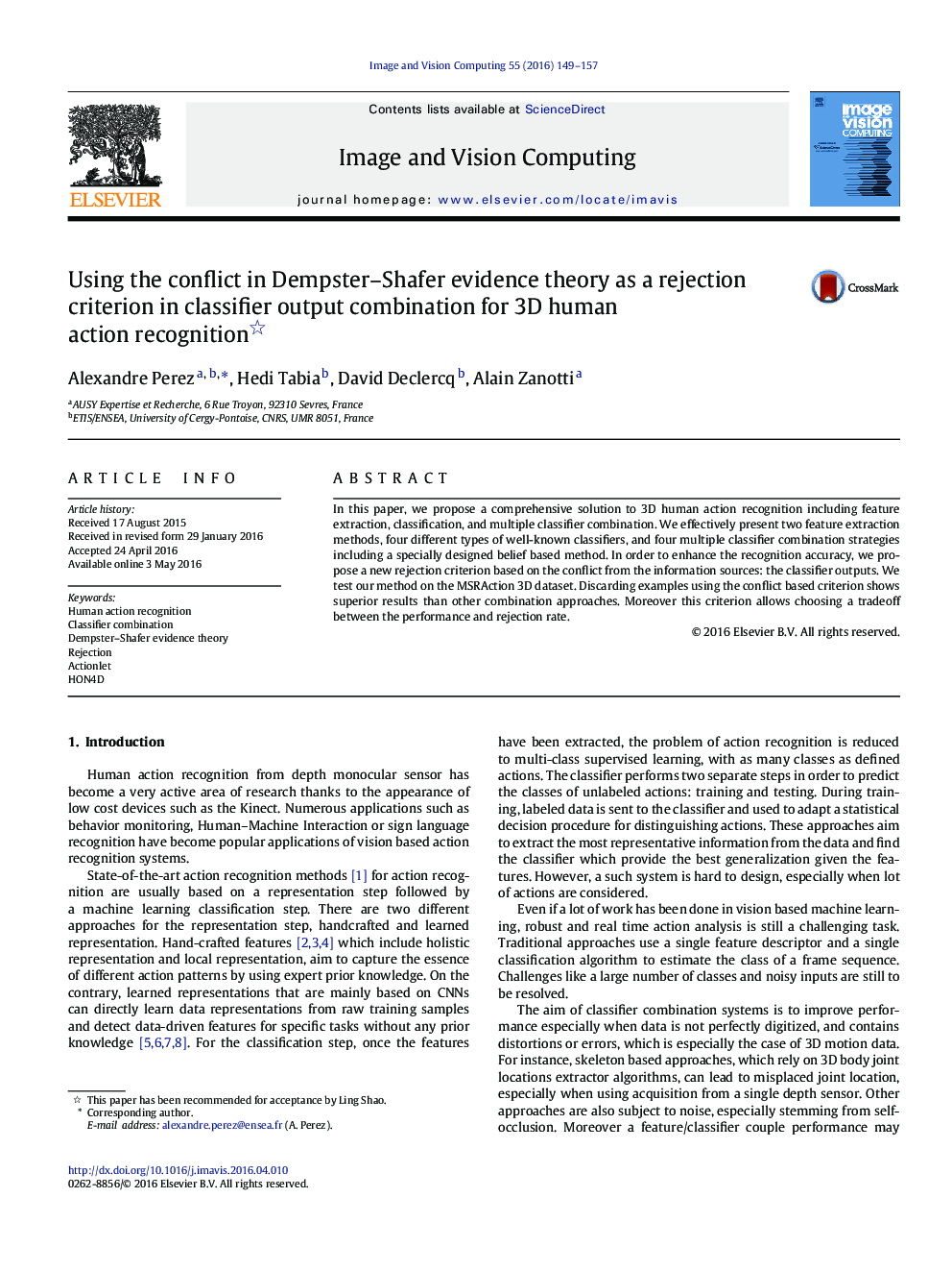 Using the conflict in Dempster-Shafer evidence theory as a rejection criterion in classifier output combination for 3D human action recognition