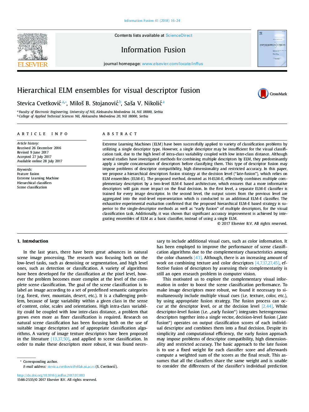 Hierarchical ELM ensembles for visual descriptor fusion