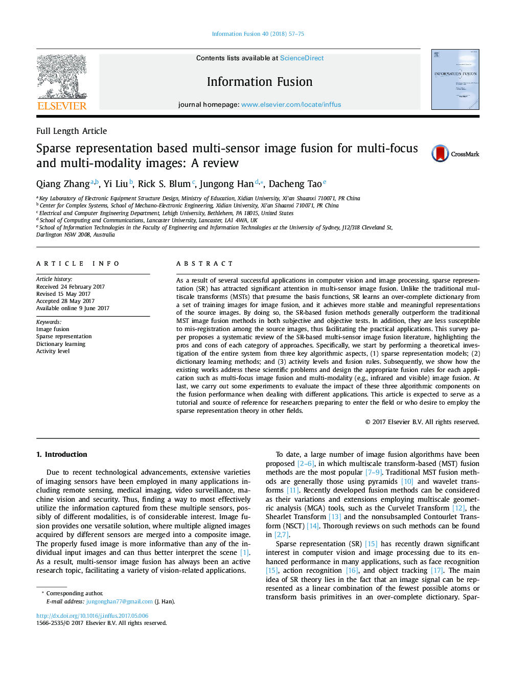 Full Length ArticleSparse representation based multi-sensor image fusion for multi-focus and multi-modality images: A review