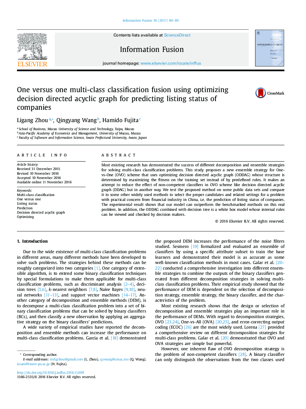 One versus one multi-class classification fusion using optimizing decision directed acyclic graph for predicting listing status of companies