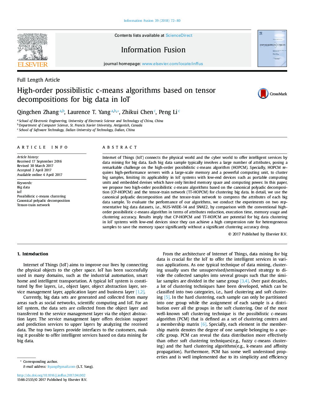 High-order possibilistic c-means algorithms based on tensor decompositions for big data in IoT