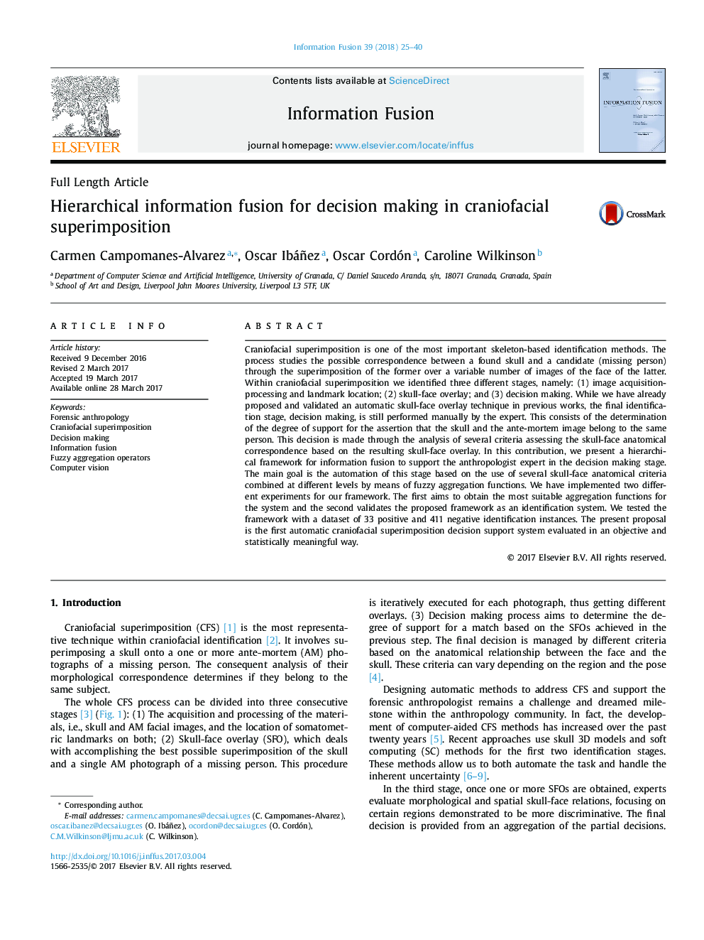 Hierarchical information fusion for decision making in craniofacial superimposition