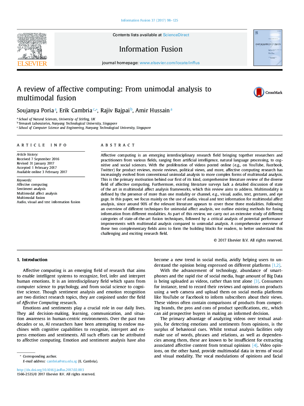 A review of affective computing: From unimodal analysis to multimodal fusion