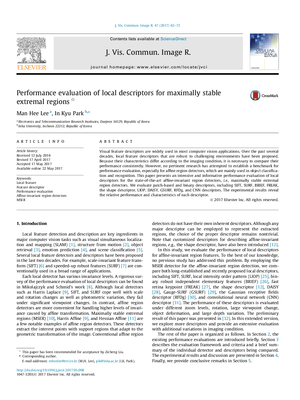 Performance evaluation of local descriptors for maximally stable extremal regions