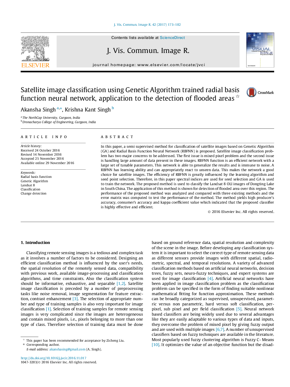 Satellite image classification using Genetic Algorithm trained radial basis function neural network, application to the detection of flooded areas