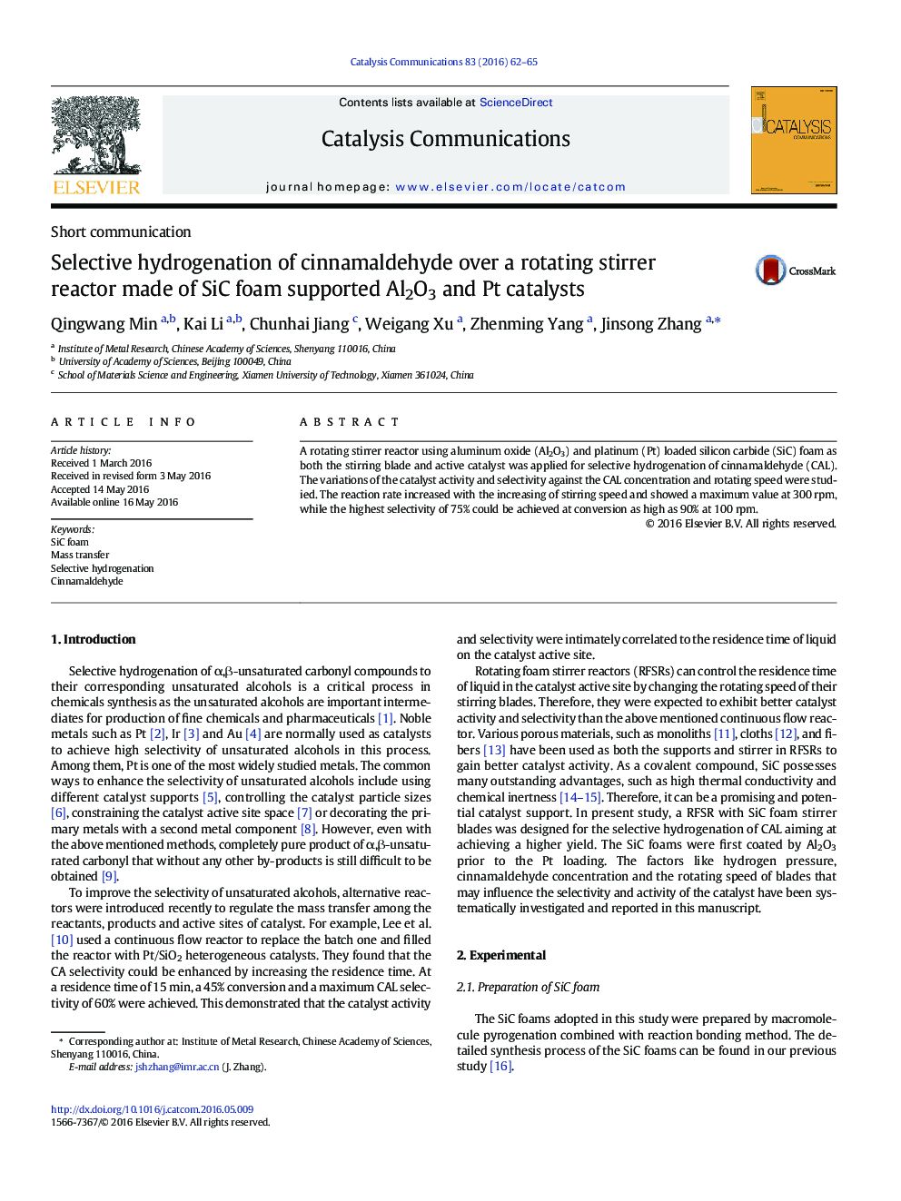 Selective hydrogenation of cinnamaldehyde over a rotating stirrer reactor made of SiC foam supported Al2O3 and Pt catalysts