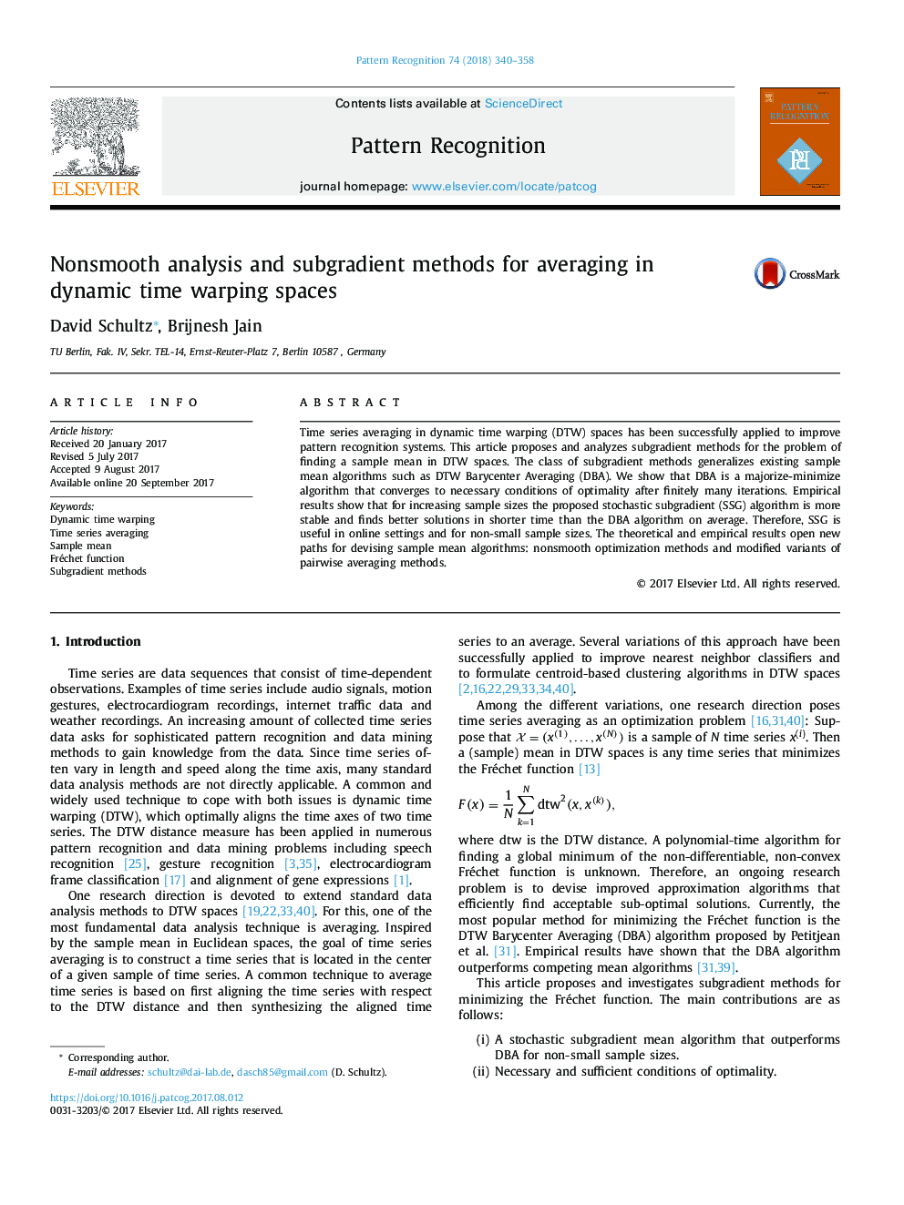 Nonsmooth analysis and subgradient methods for averaging in dynamic time warping spaces