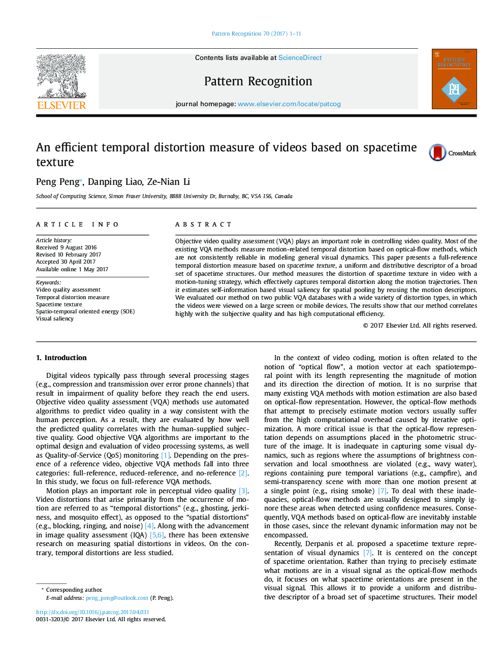 An efficient temporal distortion measure of videos based on spacetime texture