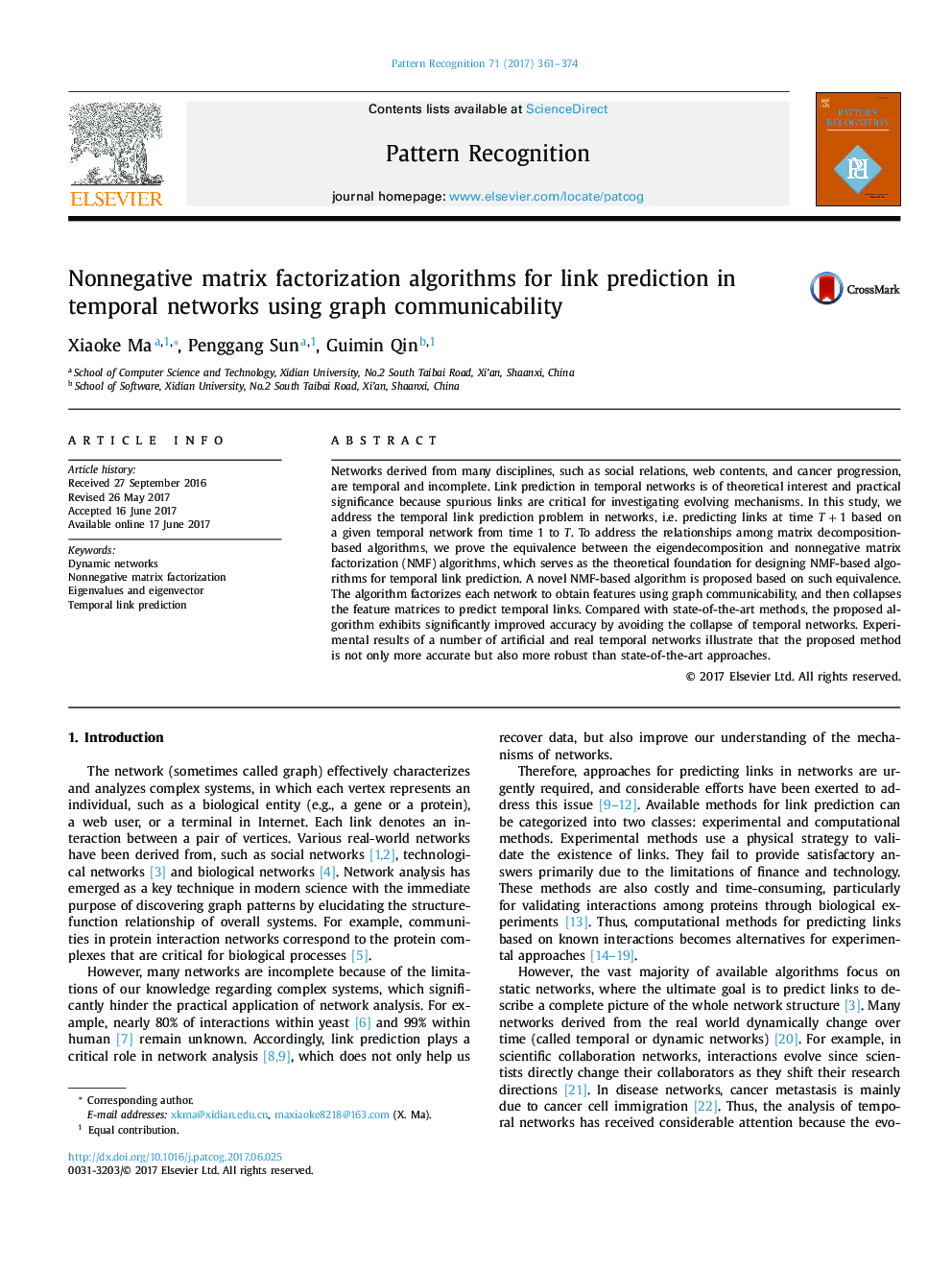 Nonnegative matrix factorization algorithms for link prediction in temporal networks using graph communicability