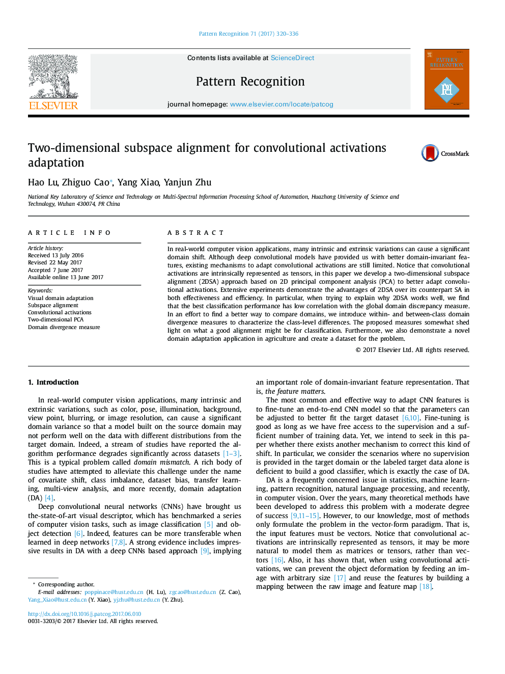 Two-dimensional subspace alignment for convolutional activations adaptation