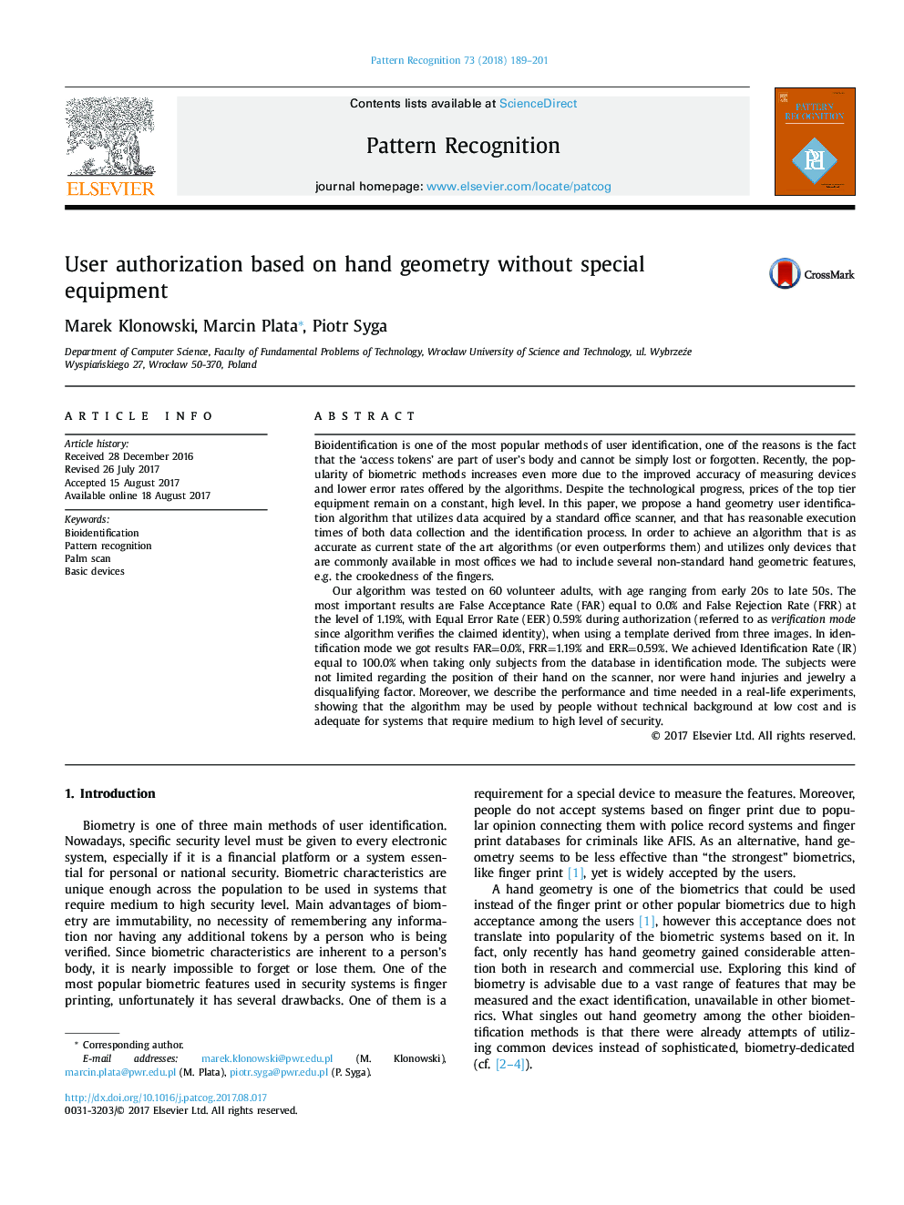 User authorization based on hand geometry without special equipment