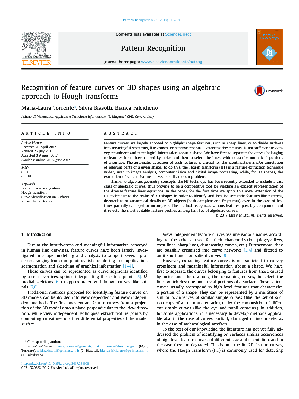 Recognition of feature curves on 3D shapes using an algebraic approach to Hough transforms