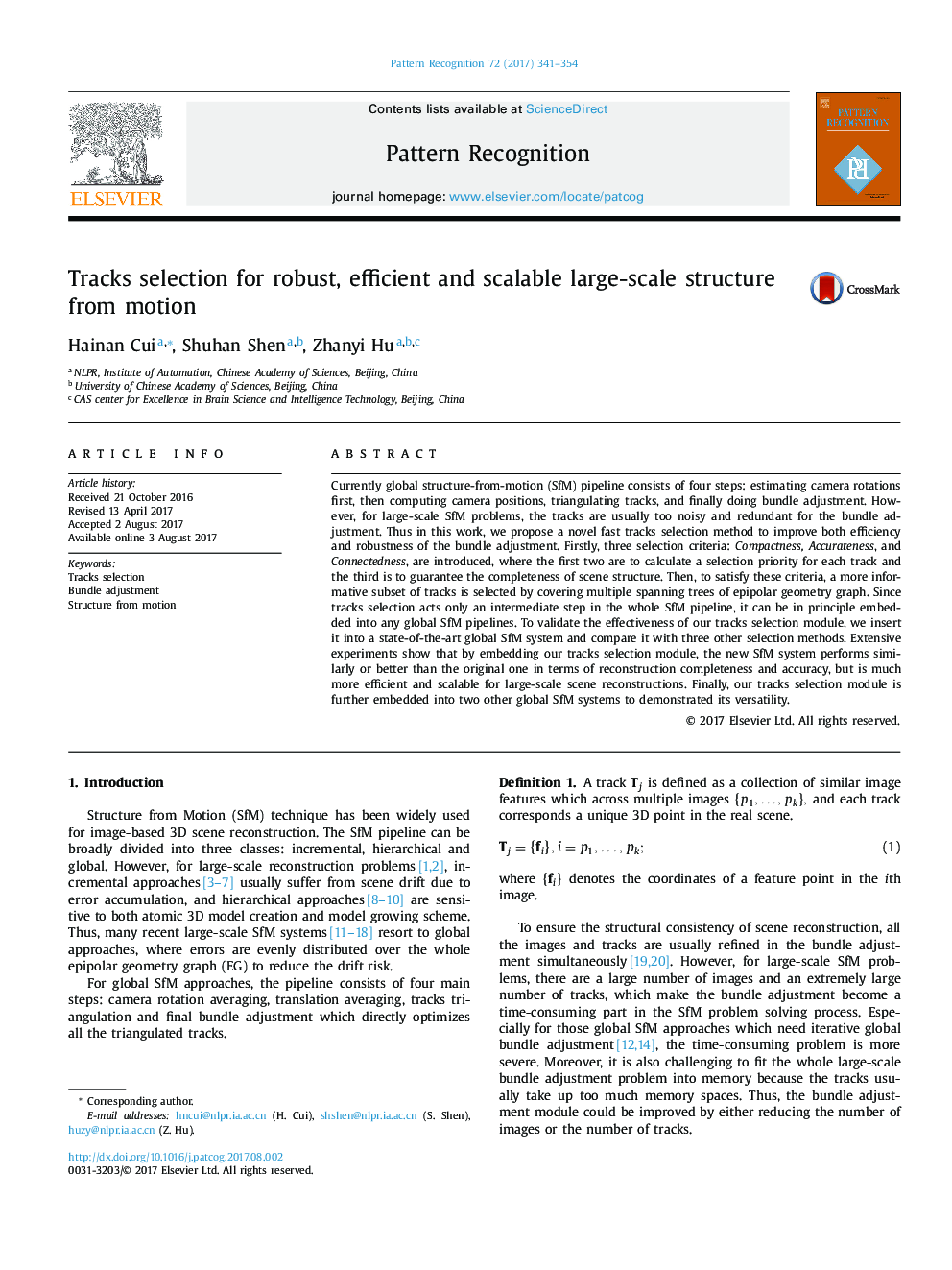 Tracks selection for robust, efficient and scalable large-scale structure from motion