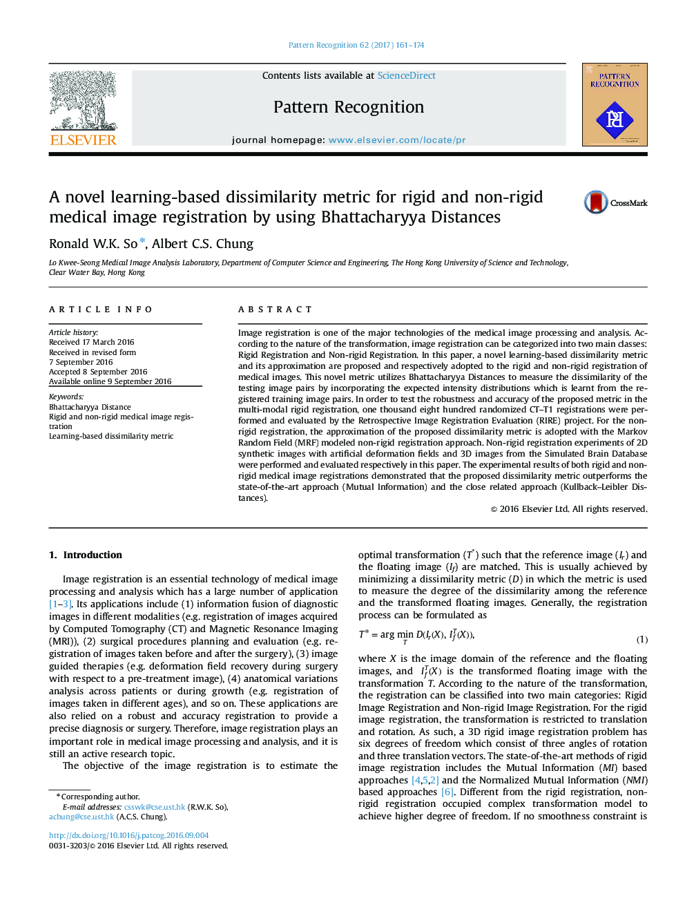 A novel learning-based dissimilarity metric for rigid and non-rigid medical image registration by using Bhattacharyya Distances