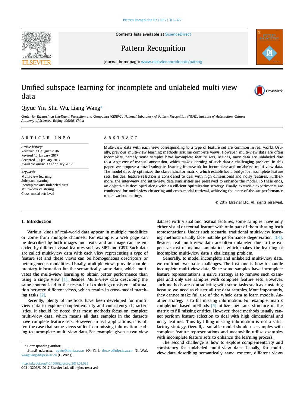 Unified subspace learning for incomplete and unlabeled multi-view data