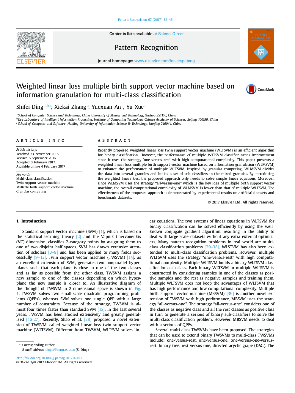 Weighted linear loss multiple birth support vector machine based on information granulation for multi-class classification