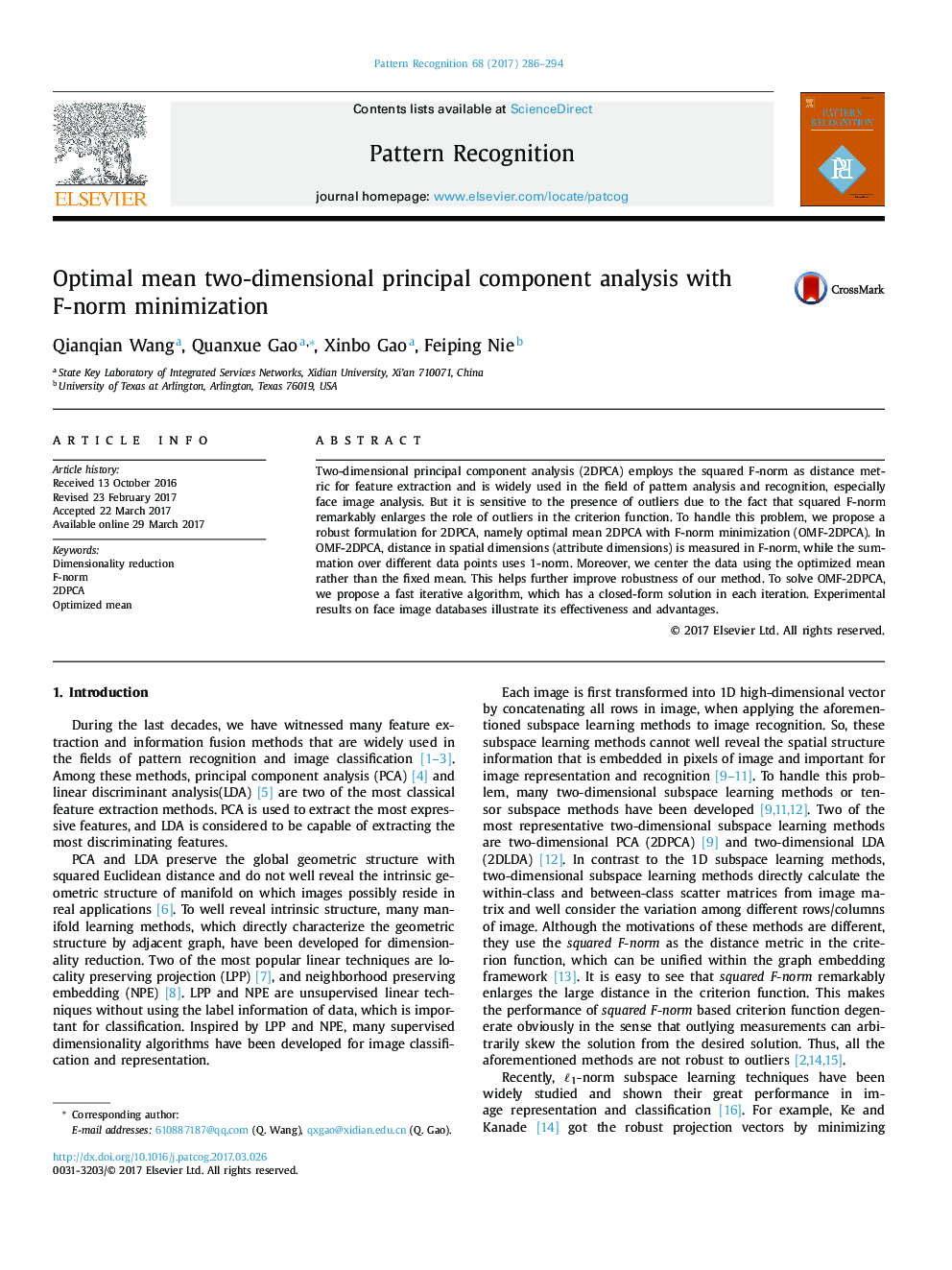 Optimal mean two-dimensional principal component analysis with F-norm minimization