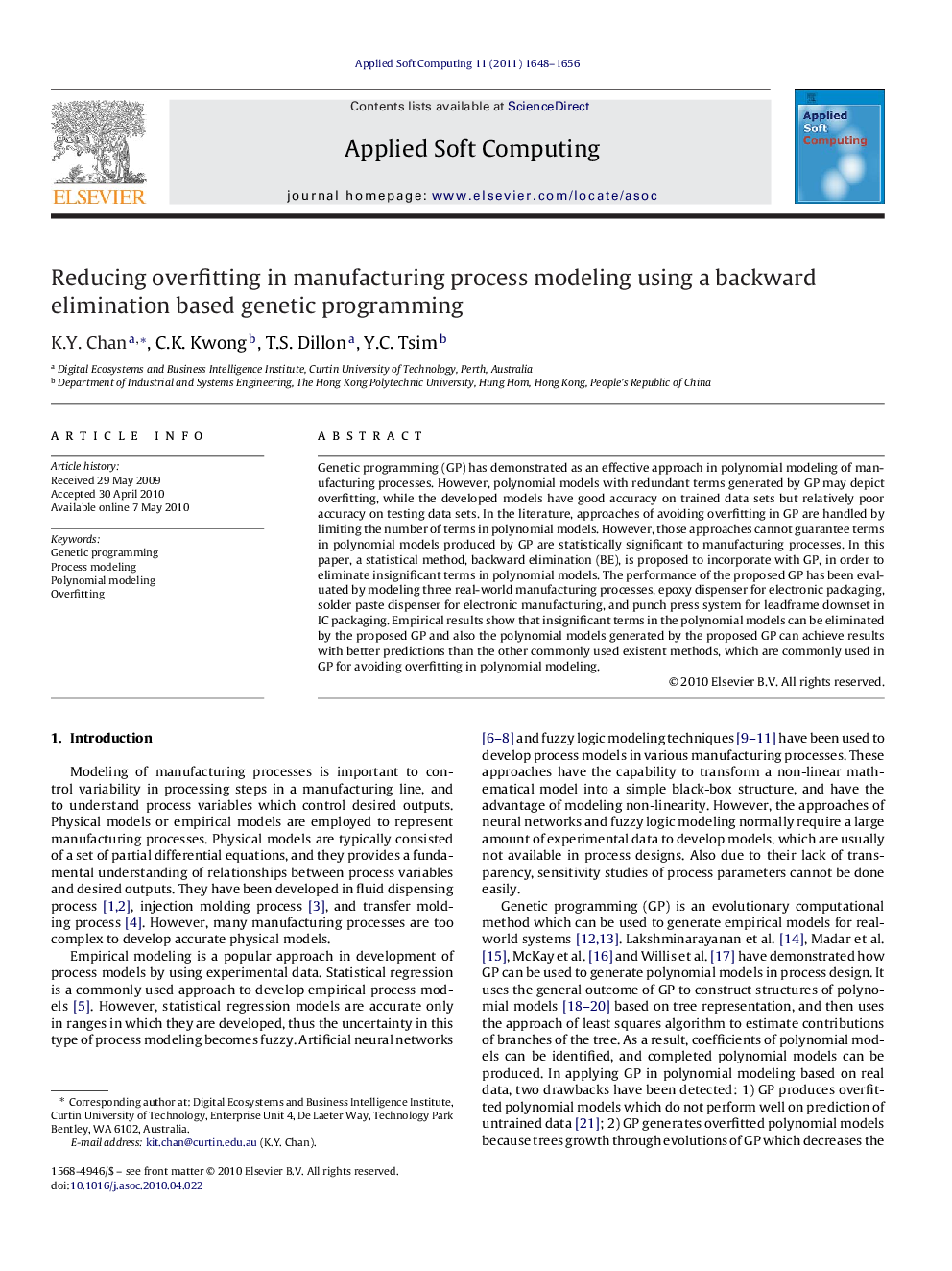 Reducing overfitting in manufacturing process modeling using a backward elimination based genetic programming