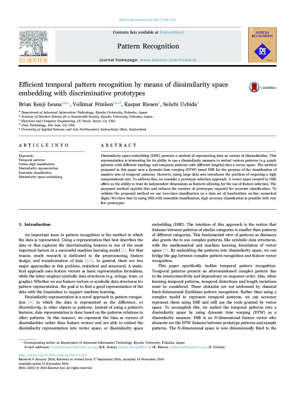 Efficient temporal pattern recognition by means of dissimilarity space embedding with discriminative prototypes