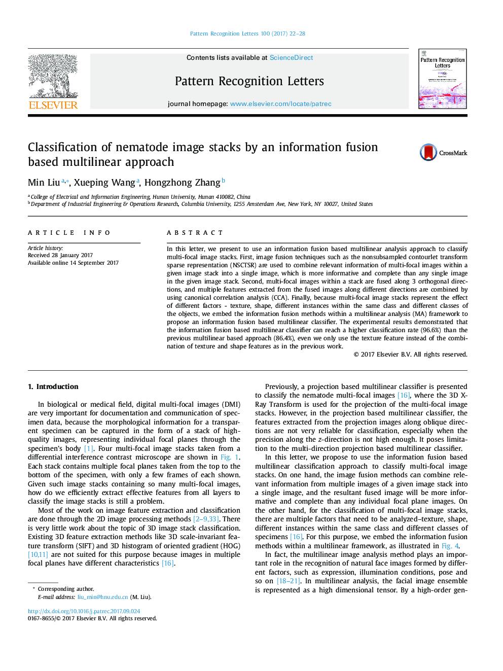 Classification of nematode image stacks by an information fusion based multilinear approach