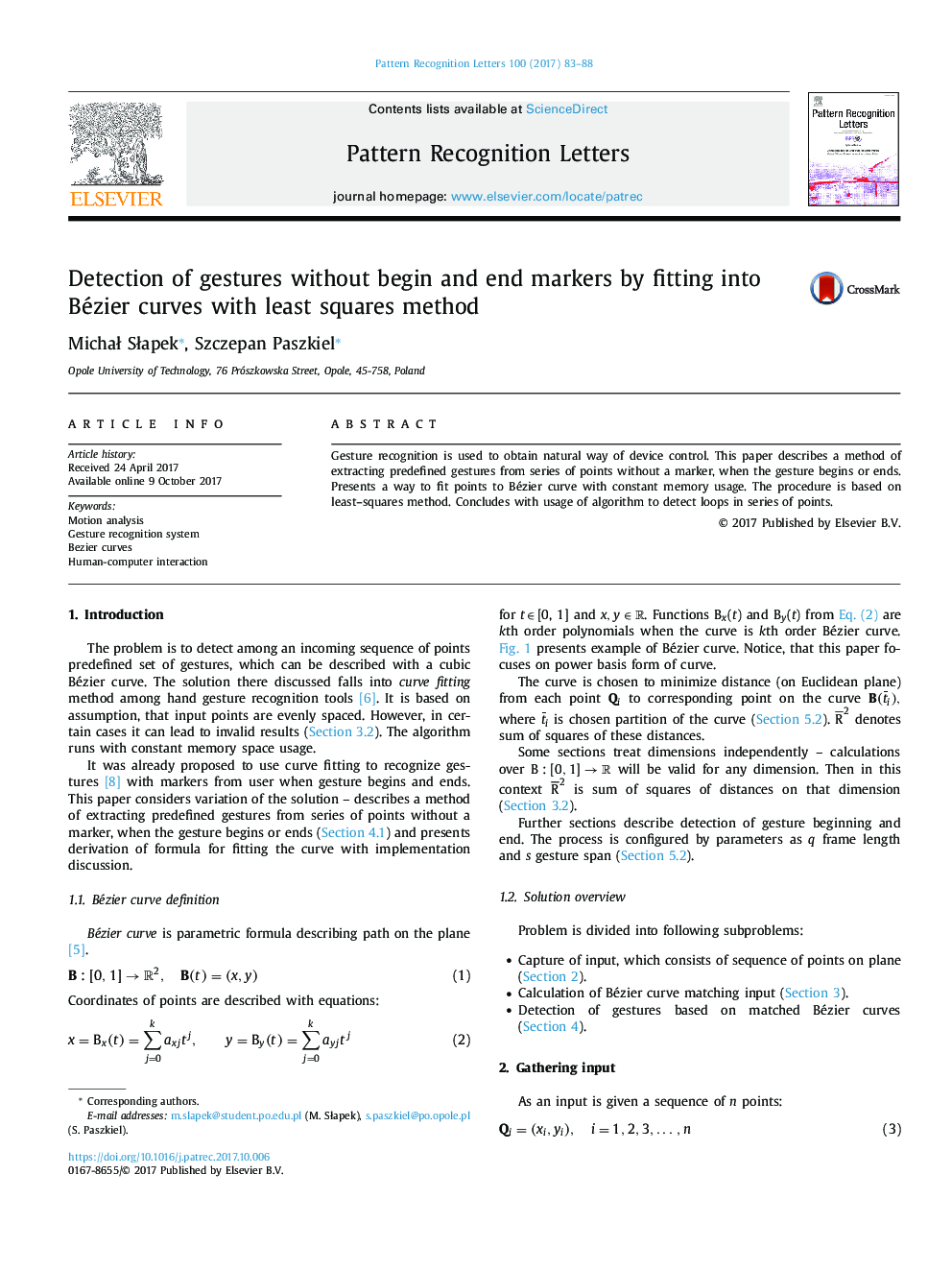 Detection of gestures without begin and end markers by fitting into Bézier curves with least squares method