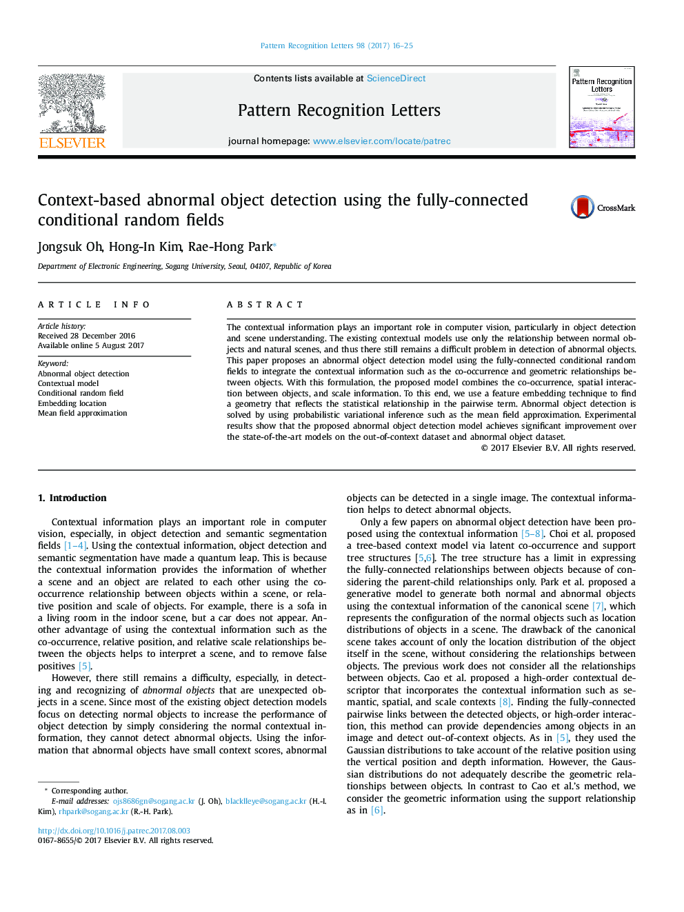 Context-based abnormal object detection using the fully-connected conditional random fields