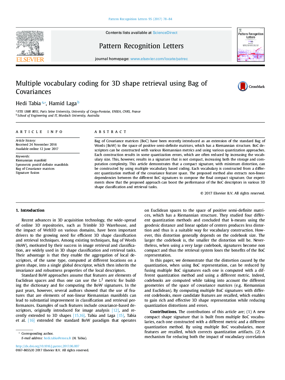 Multiple vocabulary coding for 3D shape retrieval using Bag of Covariances