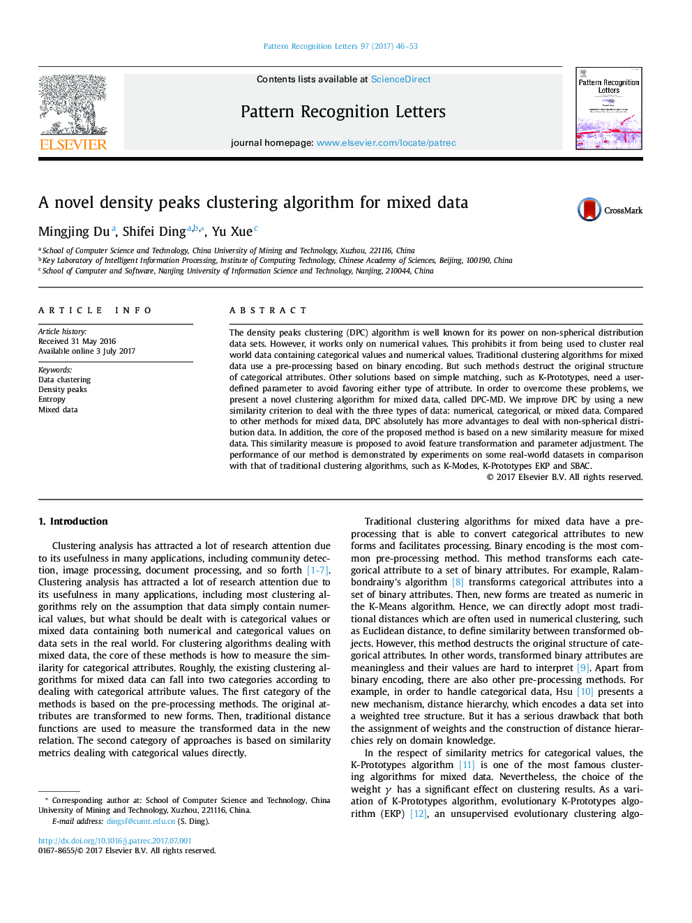 A novel density peaks clustering algorithm for mixed data