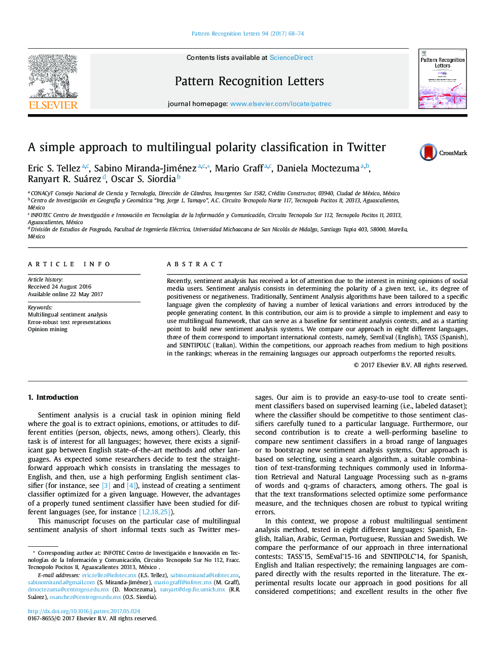 A simple approach to multilingual polarity classification in Twitter