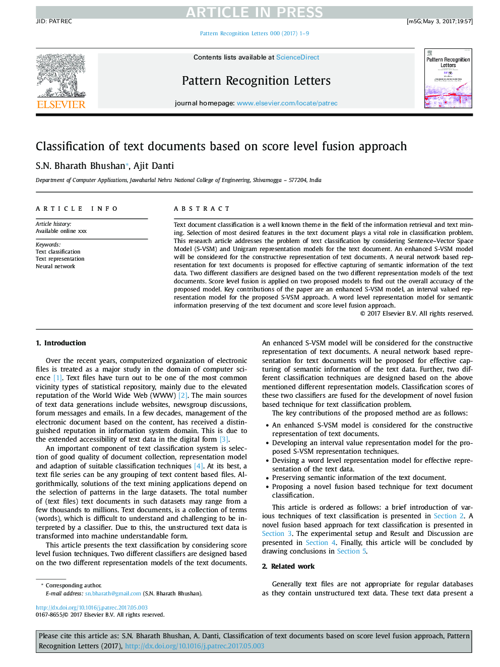 Classification of text documents based on score level fusion approach