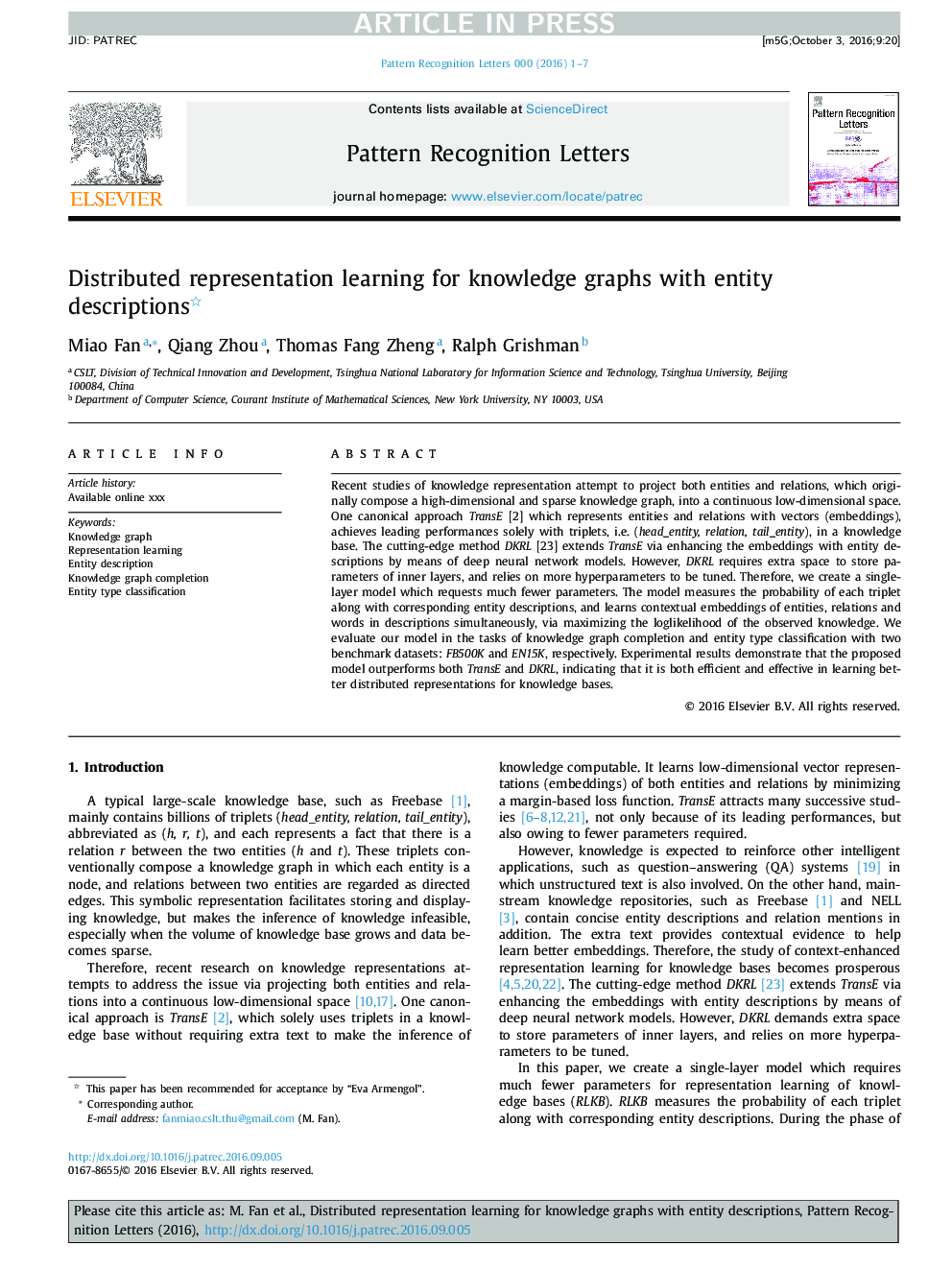 Distributed representation learning for knowledge graphs with entity descriptions