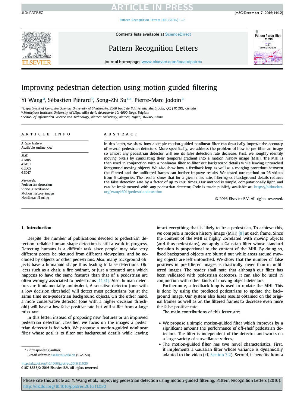 Improving pedestrian detection using motion-guided filtering