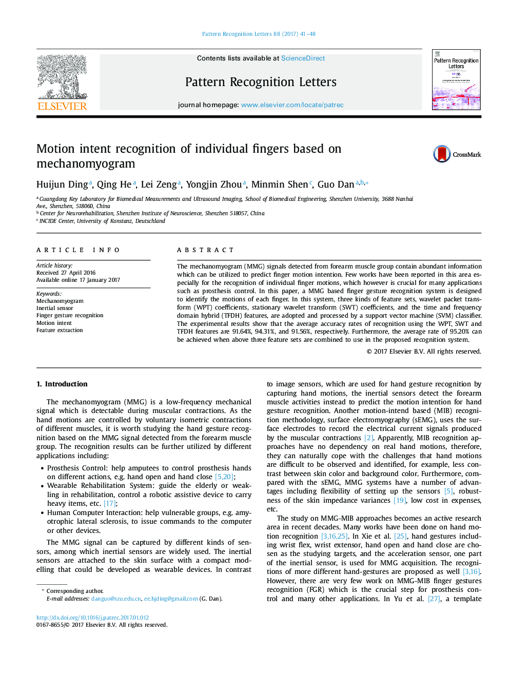 Motion intent recognition of individual fingers based on mechanomyogram