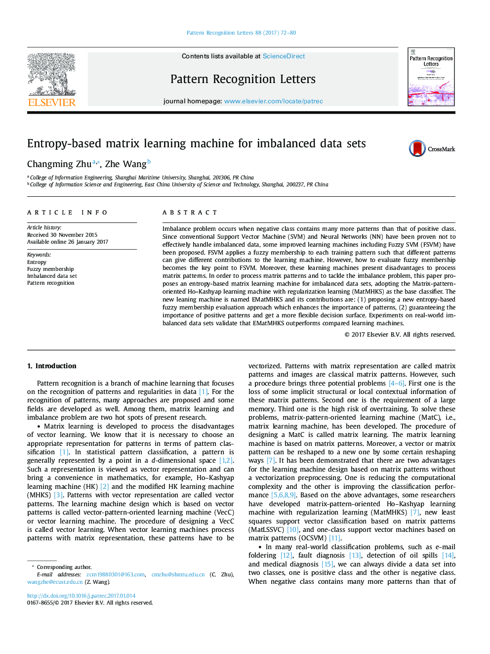 Entropy-based matrix learning machine for imbalanced data sets