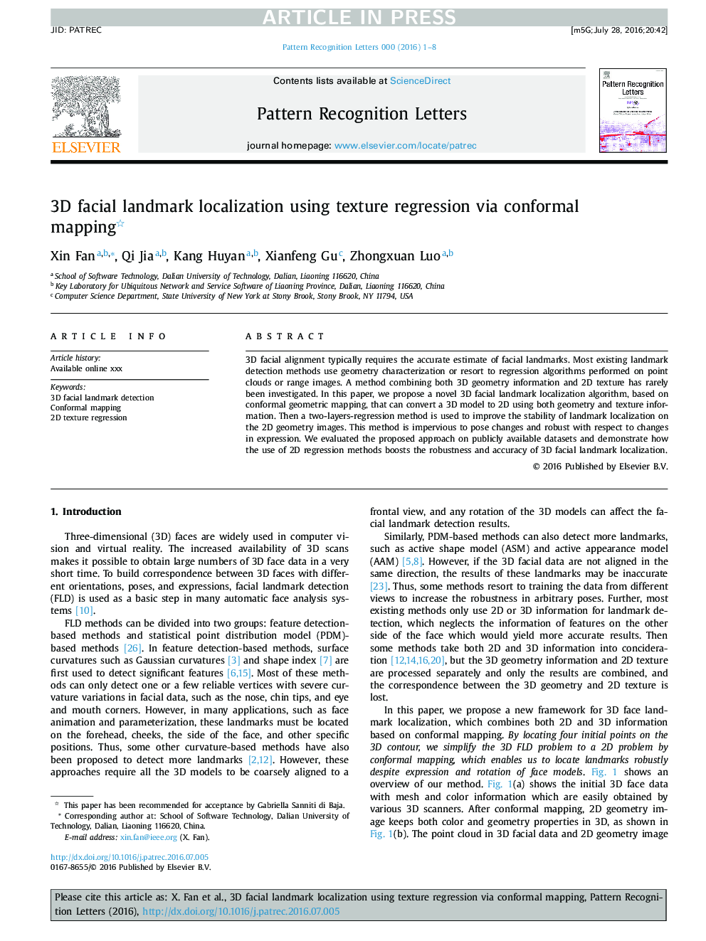 3D facial landmark localization using texture regression via conformal mapping