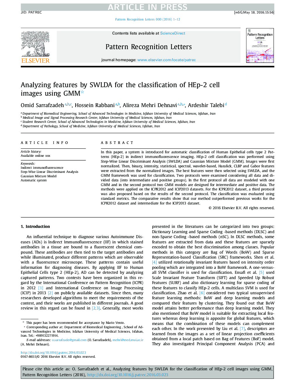 Analyzing features by SWLDA for the classification of HEp-2 cell images using GMM