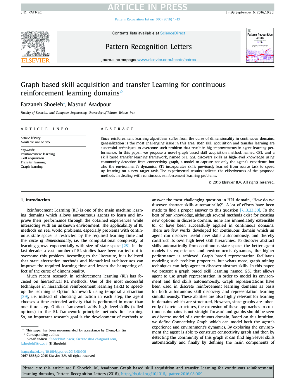 Graph based skill acquisition and transfer Learning for continuous reinforcement learning domains