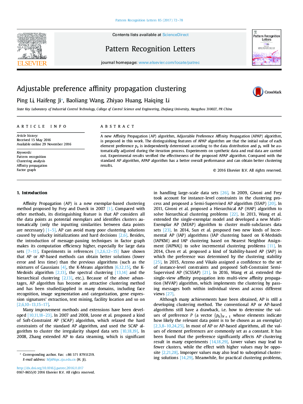 Adjustable preference affinity propagation clustering