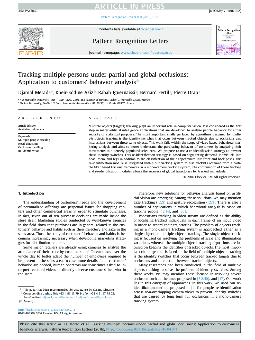 Tracking multiple persons under partial and global occlusions: Application to customers' behavior analysis