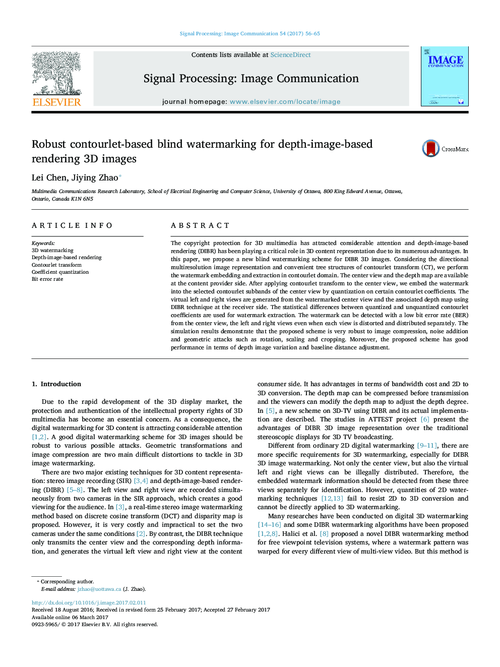 Robust contourlet-based blind watermarking for depth-image-based rendering 3D images