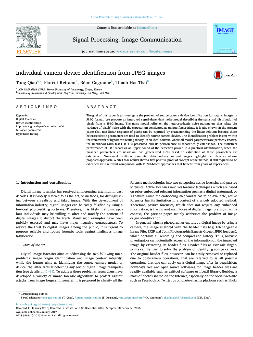 Individual camera device identification from JPEG images