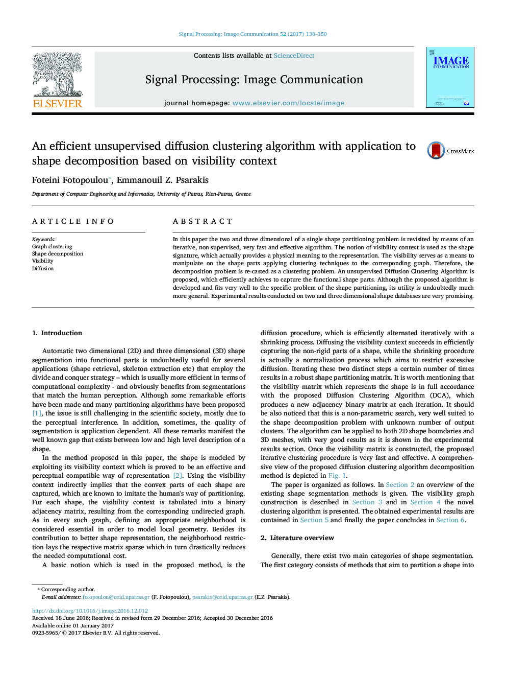 An efficient unsupervised diffusion clustering algorithm with application to shape decomposition based on visibility context